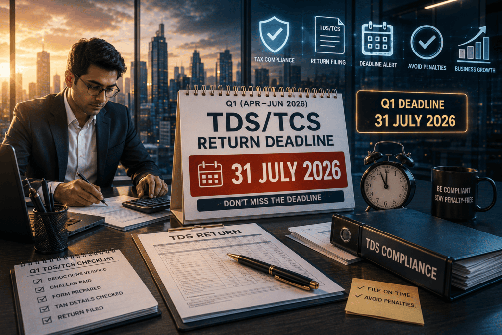 TDS and TCS Return Deadline for Q1 April to June 2026 showing the due date of 31 July 2026 with tax compliance documents and a corporate office workspace.