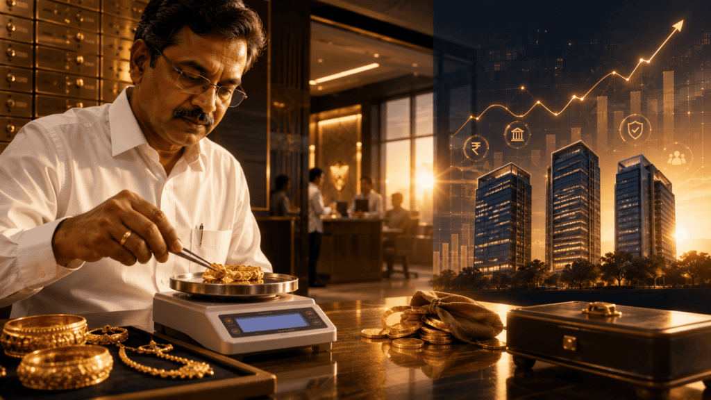 Experienced gold loan appraiser weighing gold jewellery inside a modern Indian financial branch with digital growth charts representing India's expanding gold loan NBFC industry.