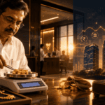 Experienced gold loan appraiser weighing gold jewellery inside a modern Indian financial branch with digital growth charts representing India's expanding gold loan NBFC industry.