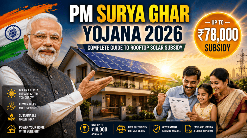 Prime Minister Narendra Modi promoting PM Surya Ghar Yojana 2026 with a rooftop solar-powered home and ₹78,000 solar subsidy for Indian households.