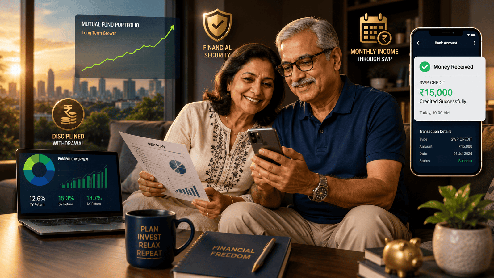 Indian retired couple reviewing their Systematic Withdrawal Plan (SWP) with mutual fund portfolio, monthly income notification, and investment growth dashboard.