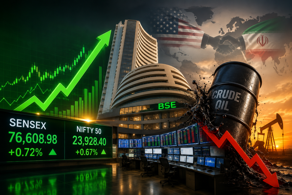Sensex and Nifty rally as crude oil prices crash following US-Iran de-escalation, with BSE building, rising stock charts, and falling oil barrel.