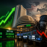 Sensex and Nifty rally as crude oil prices crash following US-Iran de-escalation, with BSE building, rising stock charts, and falling oil barrel.
