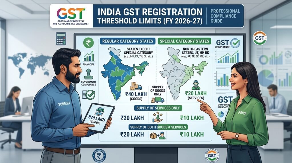 Indian small business owner holding a GST registration certificate with the GST portal on a laptop, retail shop, e-commerce business, invoices, PAN card, Aadhaar card, calculator, and tax compliance documents representing GST registration in India.