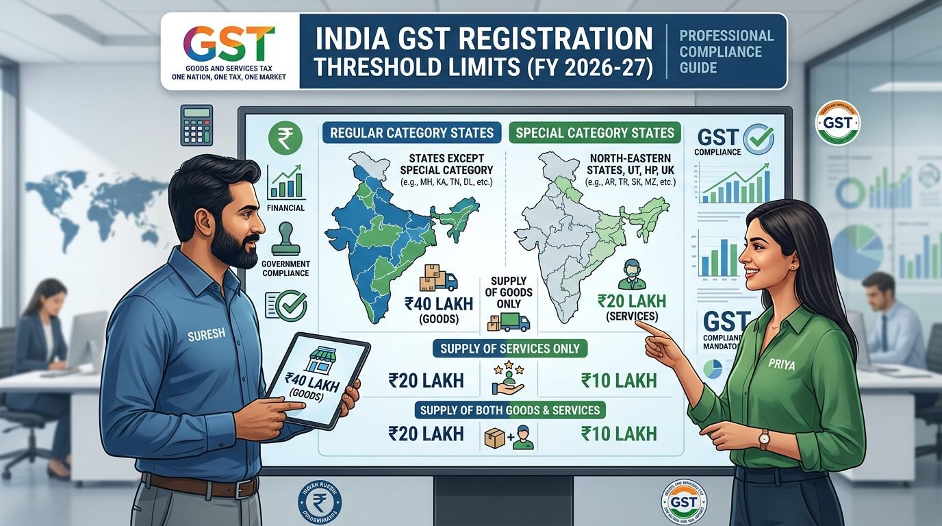 Indian small business owner holding a GST registration certificate with the GST portal on a laptop, retail shop, e-commerce business, invoices, PAN card, Aadhaar card, calculator, and tax compliance documents representing GST registration in India.