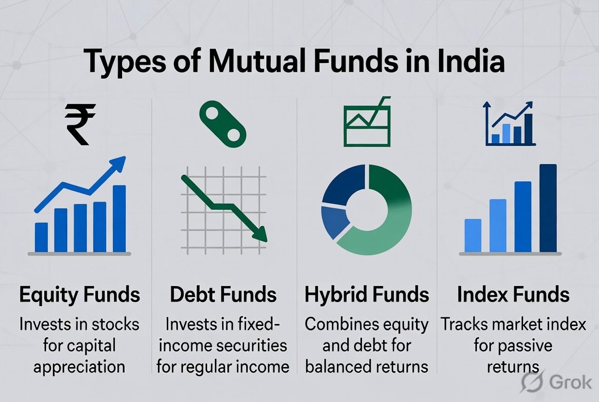 types of mutual funds India chart equity debt hybrid