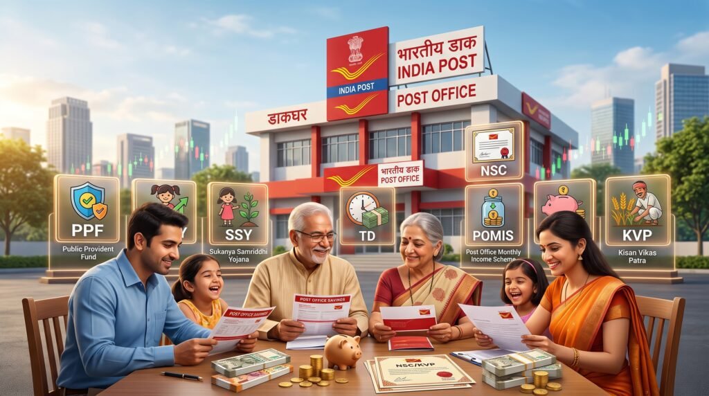 Indian investor choosing between PPF, SCSS, SSY, POMIS, NSC, KVP, RD, and Time Deposit based on retirement, child education, monthly income, and wealth creation goals.