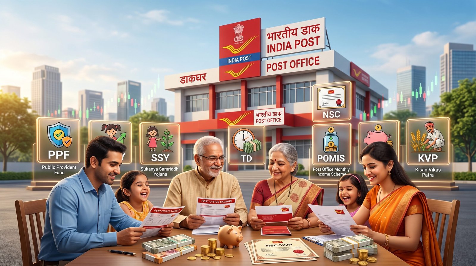 Indian investor choosing between PPF, SCSS, SSY, POMIS, NSC, KVP, RD, and Time Deposit based on retirement, child education, monthly income, and wealth creation goals.