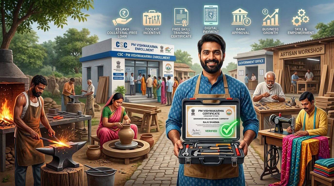 Indian artisans including a carpenter, potter, tailor, blacksmith, mason, and goldsmith working in a modern marketplace with toolkit support, ₹3 lakh business loan, skill training, and government assistance under the PM Vishwakarma Scheme 2026.