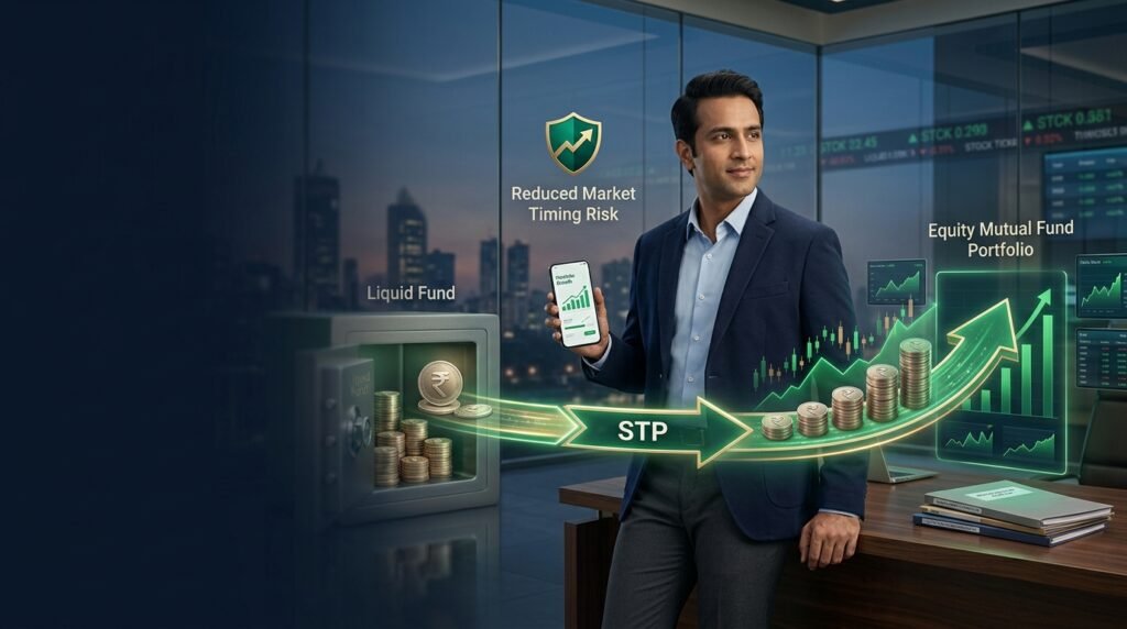 STP Systematic Transfer Plan 2026 showing money moving from a liquid mutual fund to an equity fund for gradual lump sum investing and reduced market timing risk.