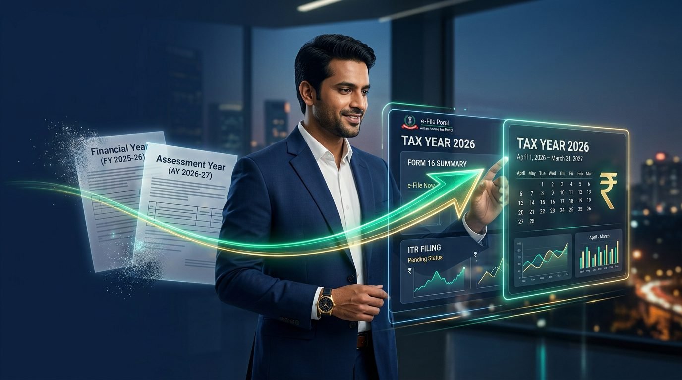 Tax Year vs Financial Year vs Assessment Year comparison in India showing the new Tax Year system introduced under the Income-tax Act 2025 from April 1, 2026.