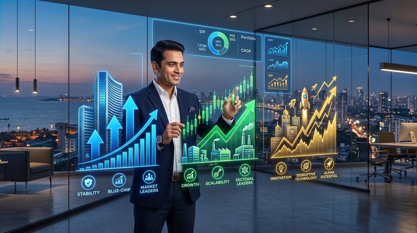 SEBI 2026 Large Cap Mid Cap Small Cap mutual fund classification with Indian stock market charts and investment strategy concept.
