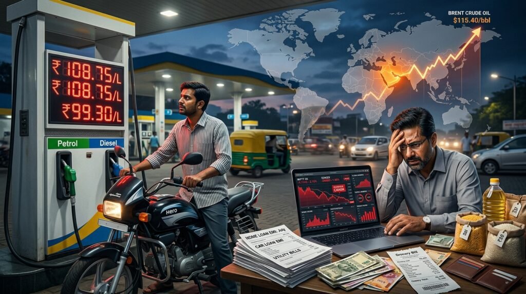 Indian petrol pump showing rising fuel prices with an investor monitoring stock market volatility and inflation caused by higher crude oil prices.