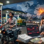 Indian petrol pump showing rising fuel prices with an investor monitoring stock market volatility and inflation caused by higher crude oil prices.