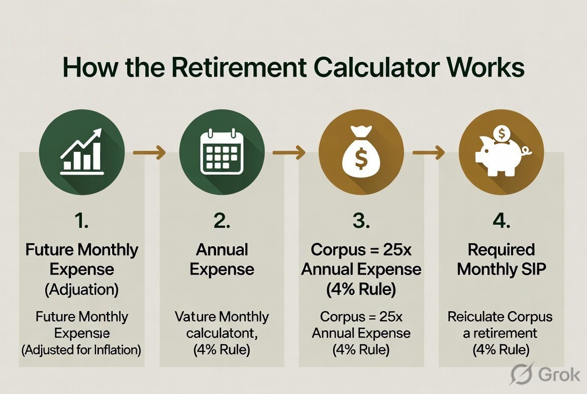 Retirement Calculator India 2026 worked example breakdown