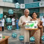 Indian senior citizen couple holding an Ayushman Vay Vandana Card in front of a modern hospital with doctors, ₹5 lakh health insurance coverage icons, Aadhaar card, healthcare symbols, and digital registration portal representing Ayushman Bharat 70+ Scheme 2026.