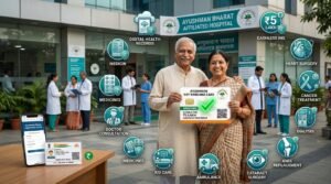 Indian senior citizen couple holding an Ayushman Vay Vandana Card in front of a modern hospital with doctors, ₹5 lakh health insurance coverage icons, Aadhaar card, healthcare symbols, and digital registration portal representing Ayushman Bharat 70+ Scheme 2026.