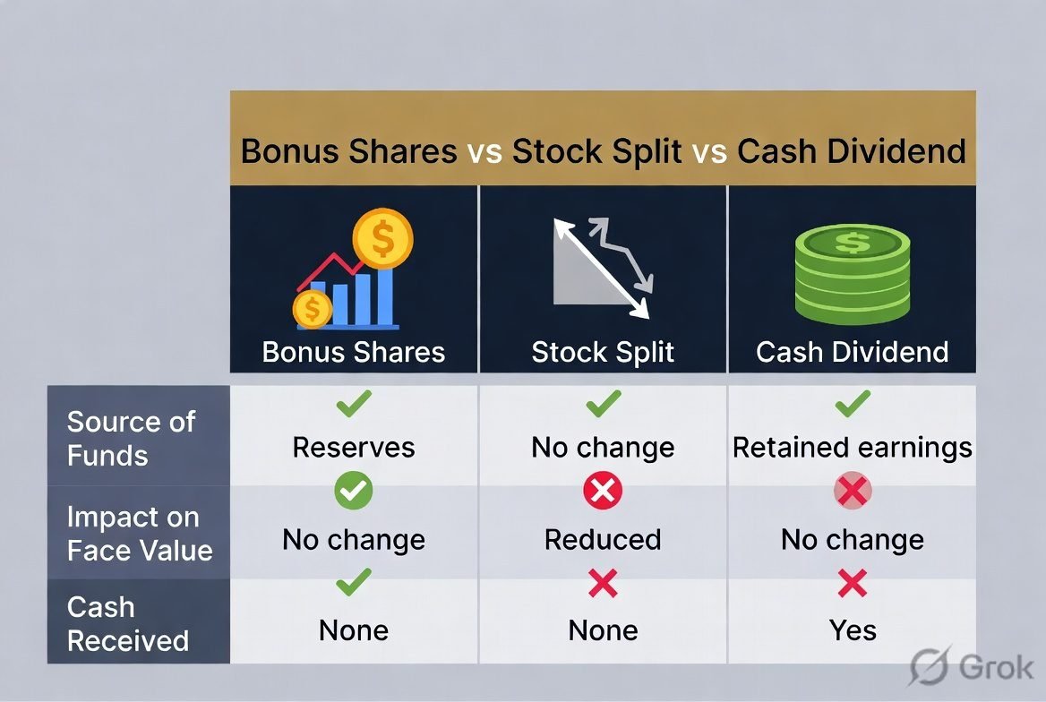 bonus share vs stock split vs dividend comparison chart