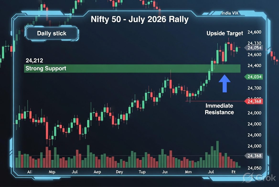 Nifty 50 July 2026 chart showing rally from 24,052 to 24,334 with support and resistance levels