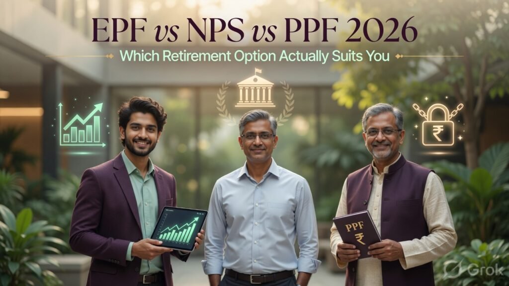 Three Indian adults of different life stages representing EPF, NPS and PPF – a young professional, mid-career salaried employee and conservative investor standing together for retirement options comparison 2026.