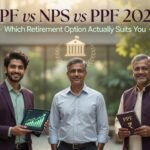 Three Indian adults of different life stages representing EPF, NPS and PPF – a young professional, mid-career salaried employee and conservative investor standing together for retirement options comparison 2026.