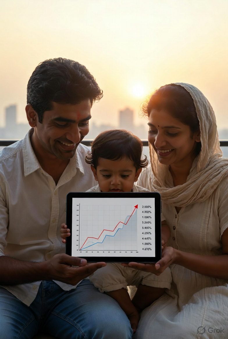Happy Indian family checking SIP growth calculator on tablet at sunrise - Long term compounding investment in India"