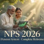 Happy Indian retired couple in their 60s sitting in a peaceful garden, smiling while checking retirement growth on a tablet, with NPS 2026 text and glowing rupee symbols representing pension growth and tax benefits.