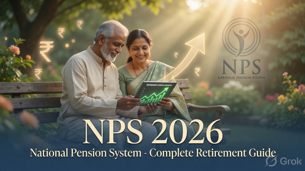 Happy Indian retired couple in their 60s sitting in a peaceful garden, smiling while checking retirement growth on a tablet, with NPS 2026 text and glowing rupee symbols representing pension growth and tax benefits.