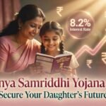 Happy Indian mother and young daughter looking at Sukanya Samriddhi Yojana passbook with hope, representing the government savings scheme for girl child’s future.