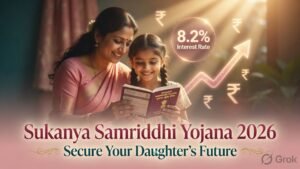 Happy Indian mother and young daughter looking at Sukanya Samriddhi Yojana passbook with hope, representing the government savings scheme for girl child’s future.
