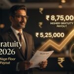 Confident Indian professional holding a salary slip under New Gratuity Rules 2026, highlighting higher payout due to the 50% wage floor.