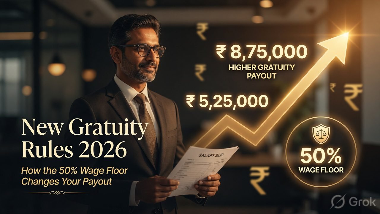 Confident Indian professional holding a salary slip under New Gratuity Rules 2026, highlighting higher payout due to the 50% wage floor.