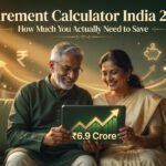 Happy Indian retired couple in their late 50s sitting together and looking at a glowing tablet showing ₹6.9 Crore retirement corpus, representing the Retirement Calculator India 2026.