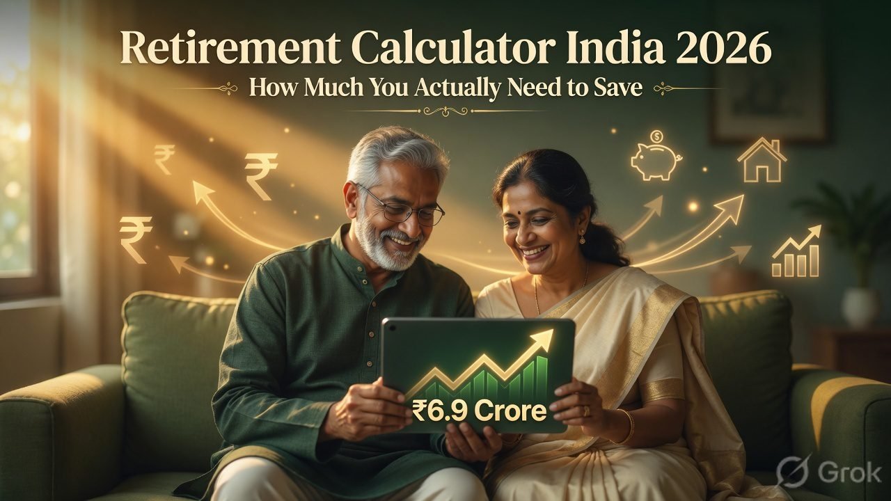 Happy Indian retired couple in their late 50s sitting together and looking at a glowing tablet showing ₹6.9 Crore retirement corpus, representing the Retirement Calculator India 2026.