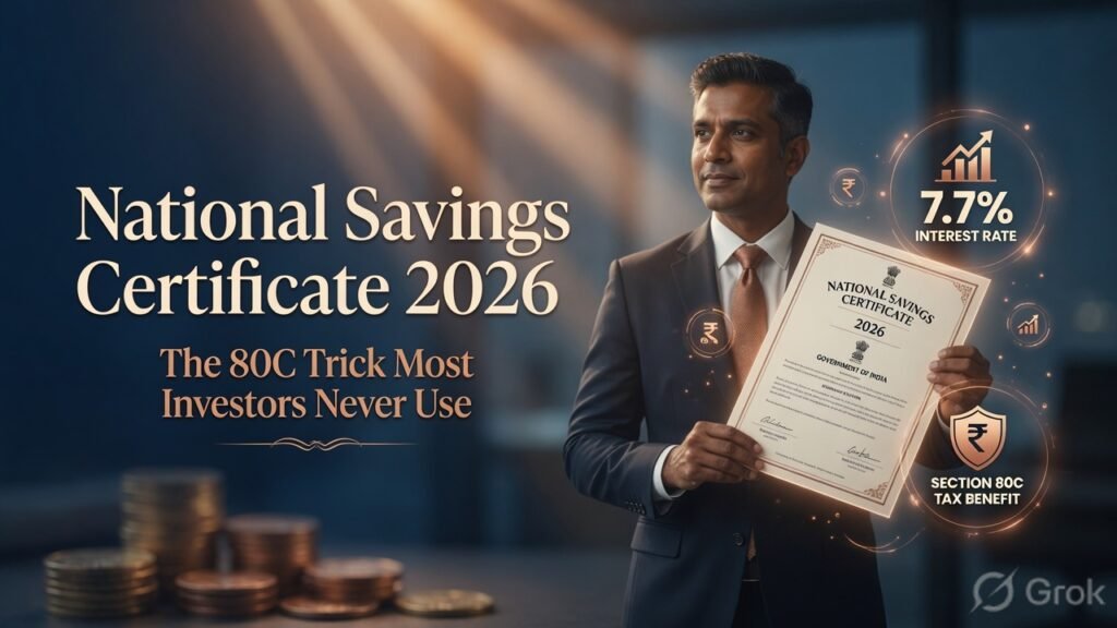 Confident Indian investor holding a National Savings Certificate with glowing 7.7% interest and 80C tax benefit icons for NSC 2026.