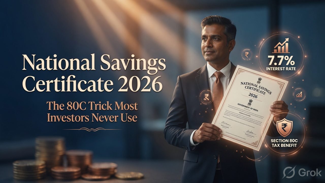 Confident Indian investor holding a National Savings Certificate with glowing 7.7% interest and 80C tax benefit icons for NSC 2026.