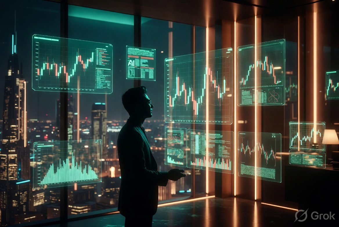 AI Investing 2026: Professional investor analyzing futuristic holographic stock charts and AI data in a cinematic high-tech environment