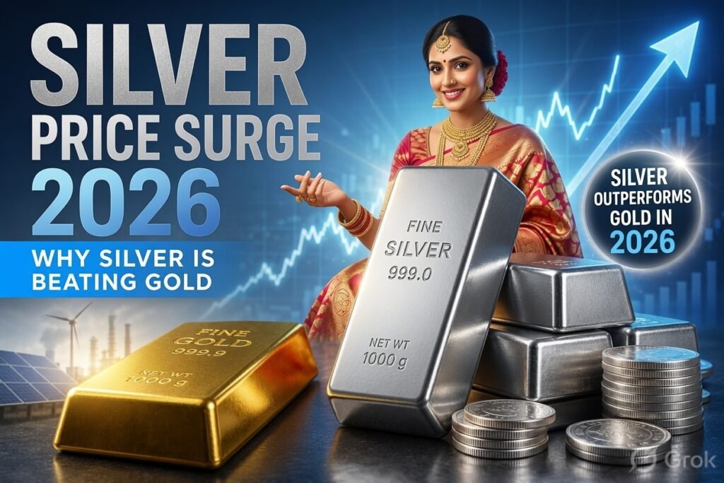 Silver Price Surge 2026: Indian woman in traditional attire with silver and gold bars showing silver outperforming gold in 2026