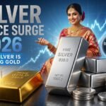 Silver Price Surge 2026: Indian woman in traditional attire with silver and gold bars showing silver outperforming gold in 2026