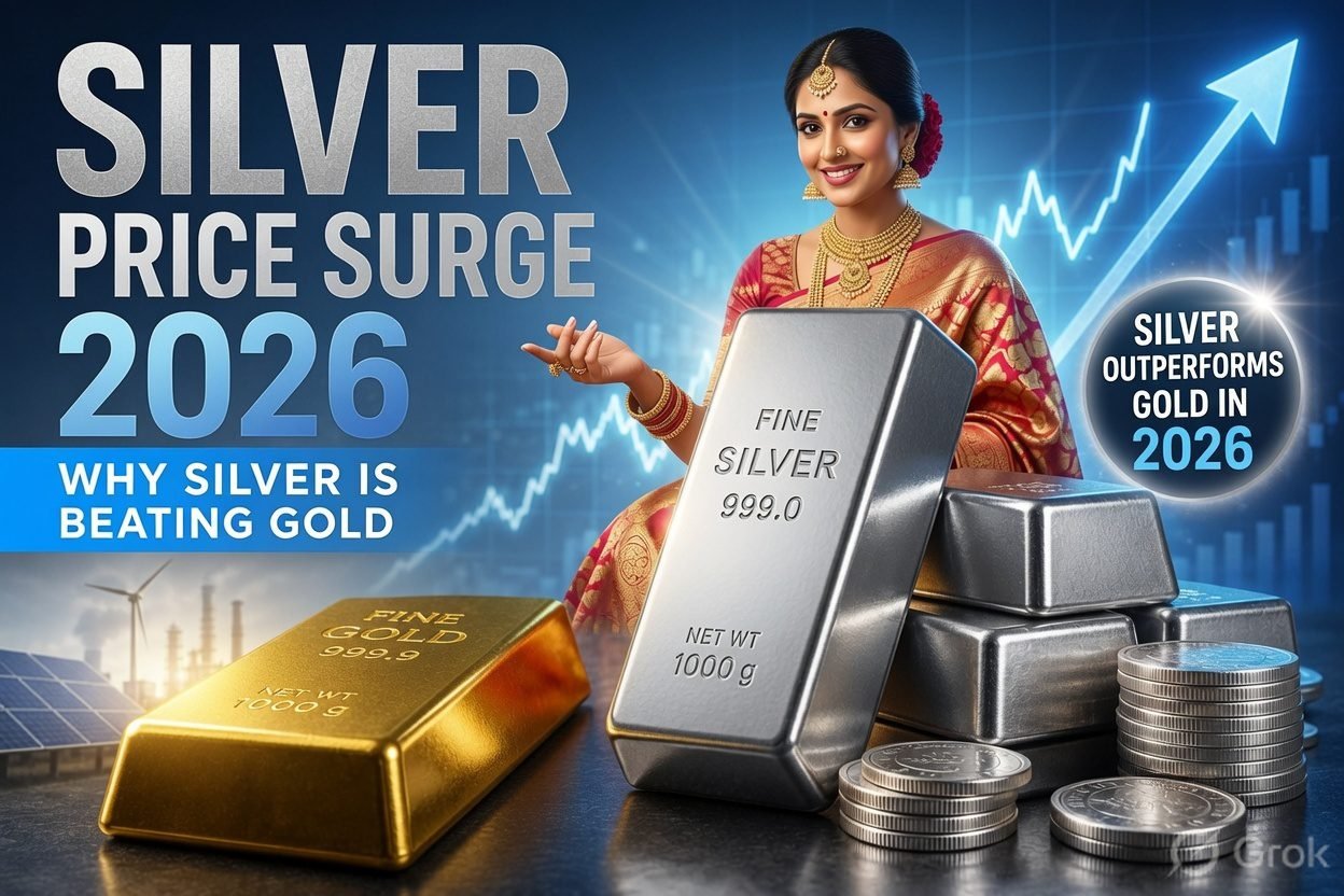 Silver Price Surge 2026: Indian woman in traditional attire with silver and gold bars showing silver outperforming gold in 2026