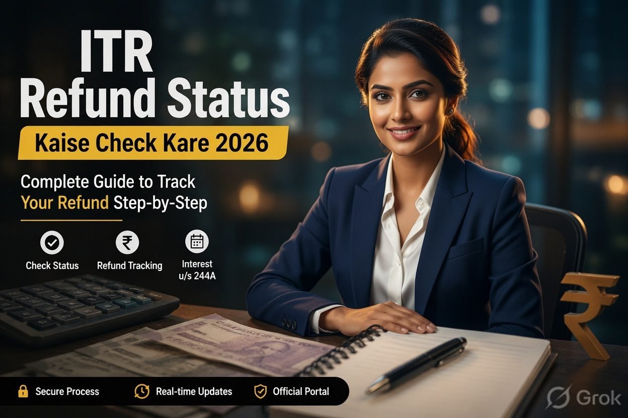 ITR Refund Status Kaise Check Kare 2026 - Professional Indian woman checking tax refund on laptop