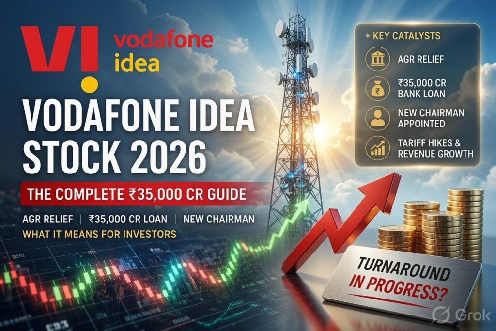 Vodafone Idea Stock 2026 - Telecom tower with rising chart, ₹35,000 Cr loan, AGR relief and turnaround catalysts