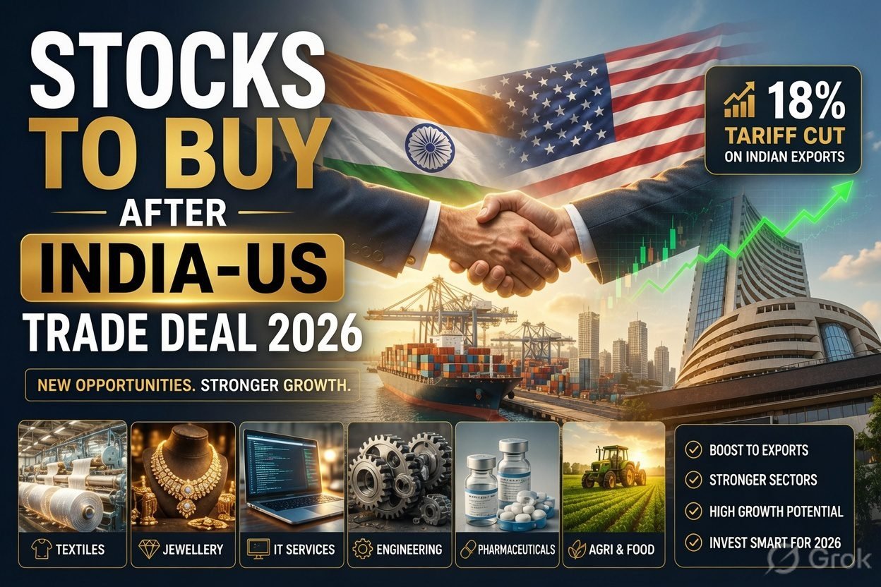 Stocks to Buy After India-US Trade Deal 2026 - Handshake between India and USA with tariff cut and rising stock graph
