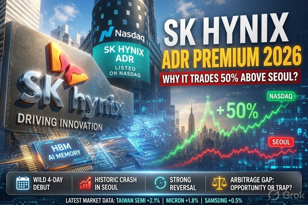 SK Hynix ADR Premium 2026 - Nasdaq shares trading 50% higher than Seoul stock with HBM AI memory chip and stock charts