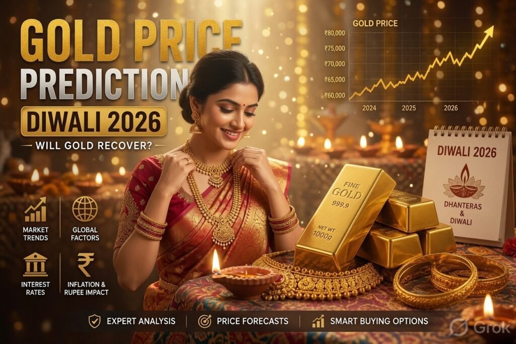 Gold Price Prediction Diwali 2026 - Beautiful Indian woman with gold jewellery and bars, festive diyas, and price chart