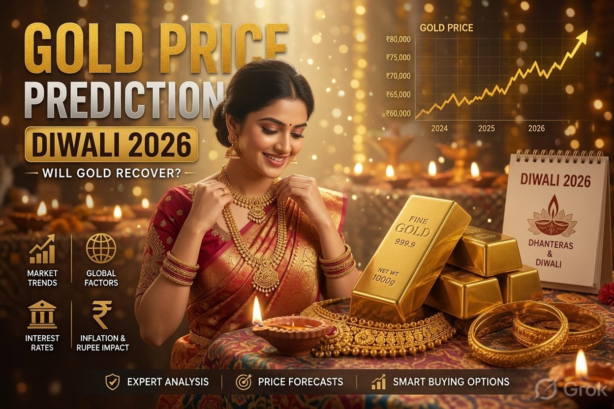 Gold Price Prediction Diwali 2026 - Beautiful Indian woman with gold jewellery and bars, festive diyas, and price chart