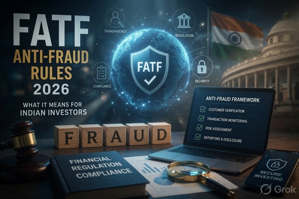 Cinematic illustration of FATF Anti-Fraud Rules 2026 highlighting India's role in global financial regulation, anti-money laundering, crypto compliance, and investor protection.