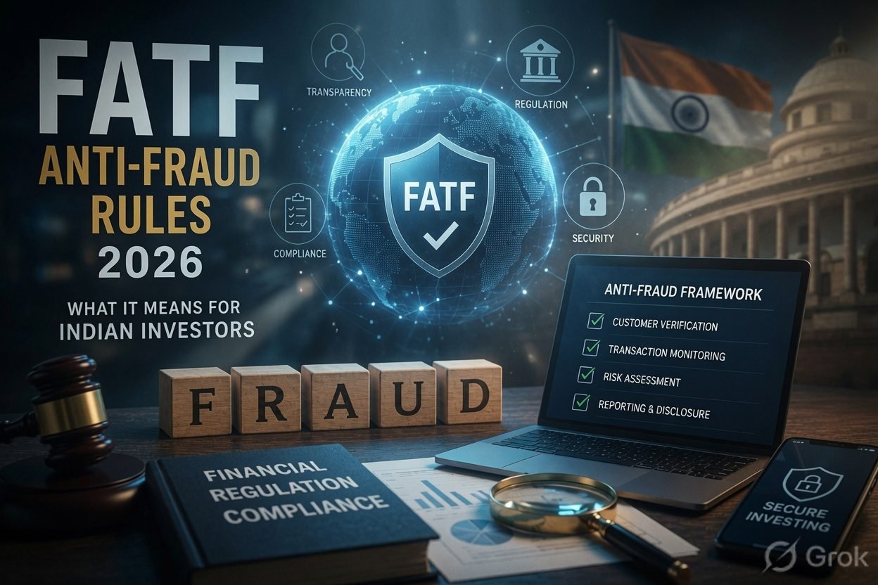 Cinematic illustration of FATF Anti-Fraud Rules 2026 highlighting India's role in global financial regulation, anti-money laundering, crypto compliance, and investor protection.