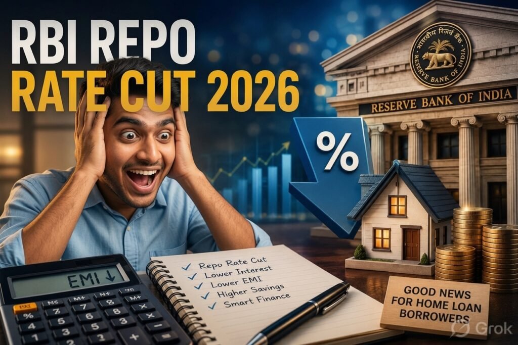 RBI Repo Rate Cut 2026 - Excited man with home loan EMI calculator, RBI building and percentage drop arrow