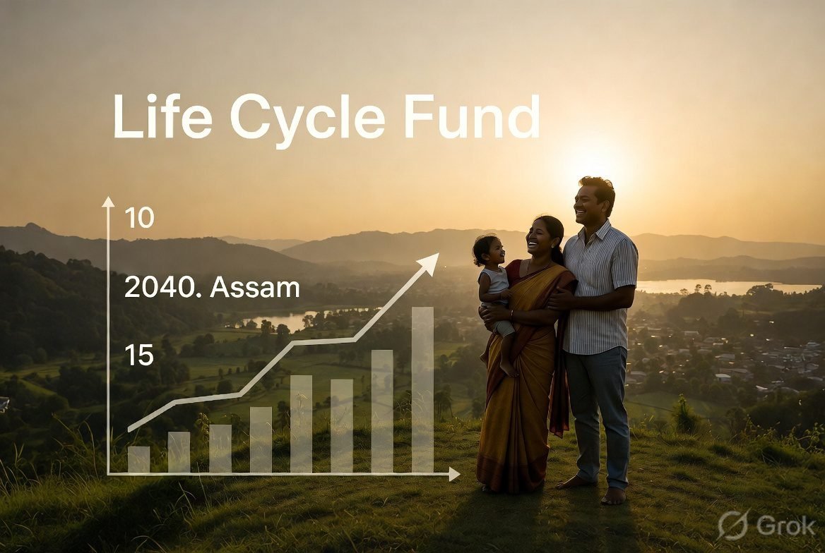 Happy Indian family celebrating financial freedom with Life Cycle Fund success - Assam landscape at golden hour showing long-term wealth growth